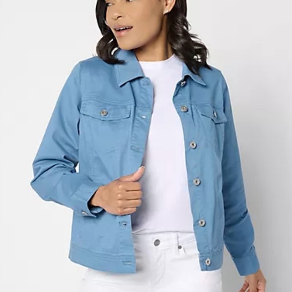 Denim & Co. EasyWear White Twill Classic Button-Front Jacket L - Picture 2 of 13